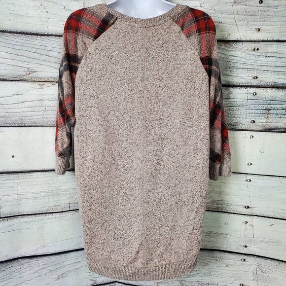 Maurices Beige Knit Sweater with Red Plaid Raglan Sleeves Cozy Pullover Size Sma - Picture 5 of 8